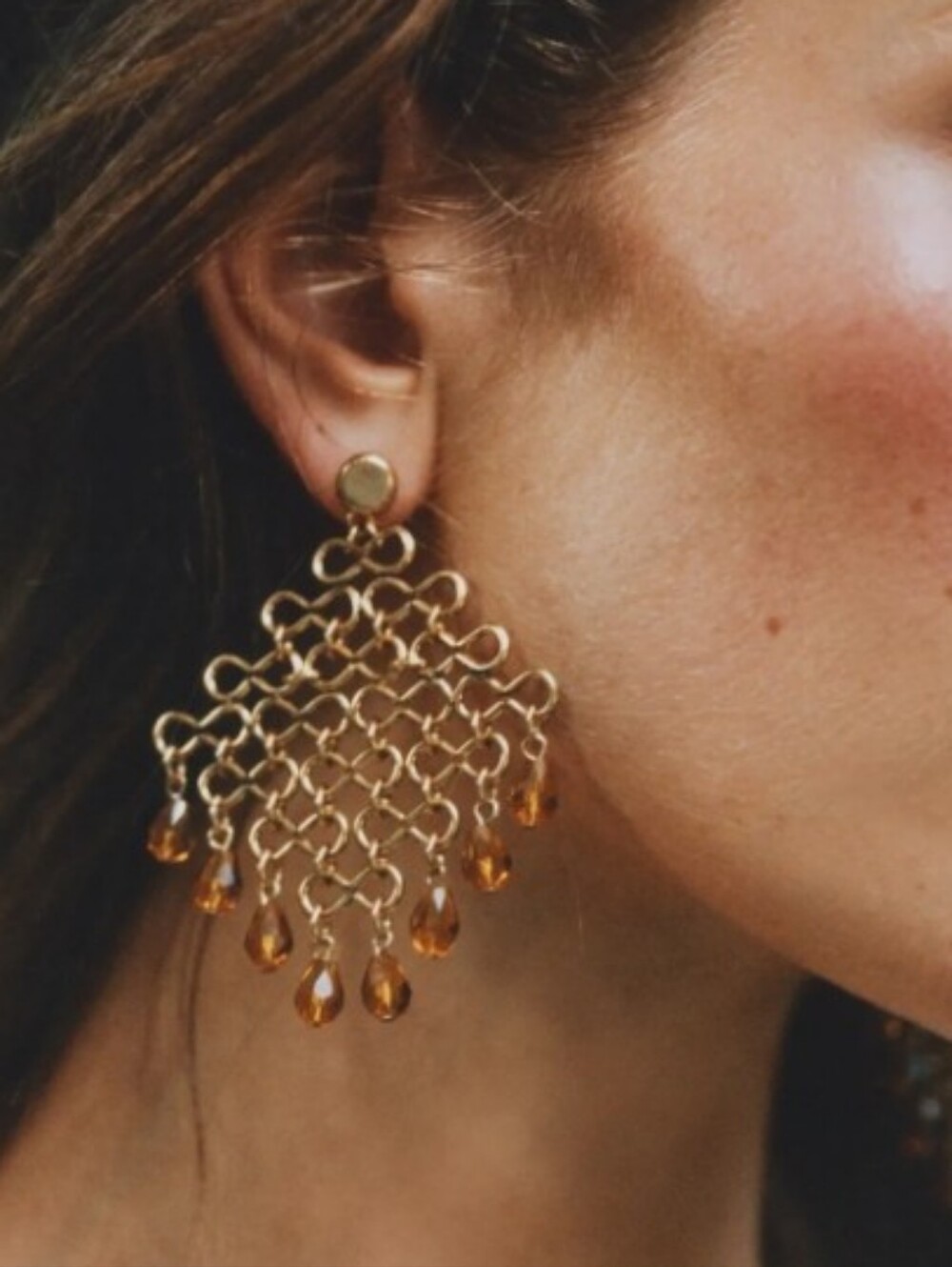 NEW! ZARA Gold Chandelier Amber Beaded Drop Post Earrings - Women Jewelry